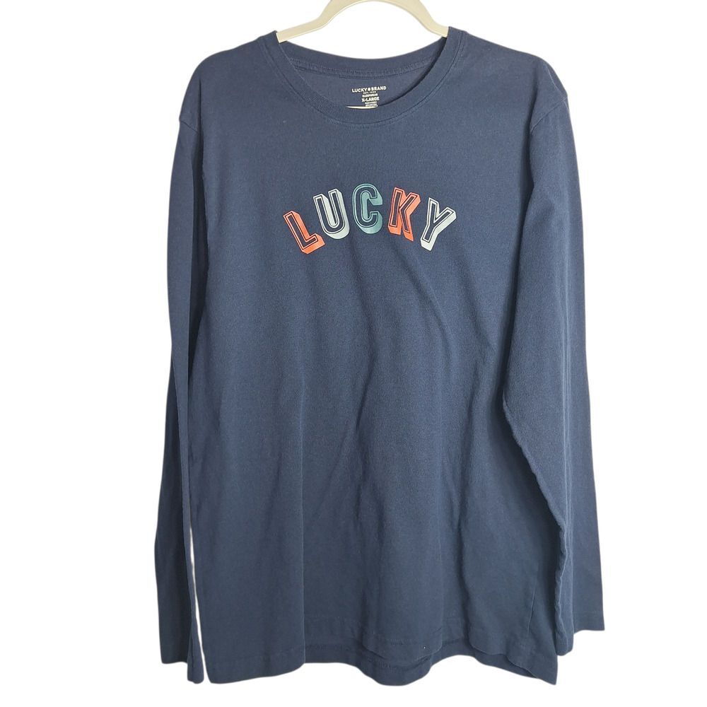Lucky Lounge Shirt Long Sleeve Navy Print Logo Pajama Top Comfort Size XL Mens